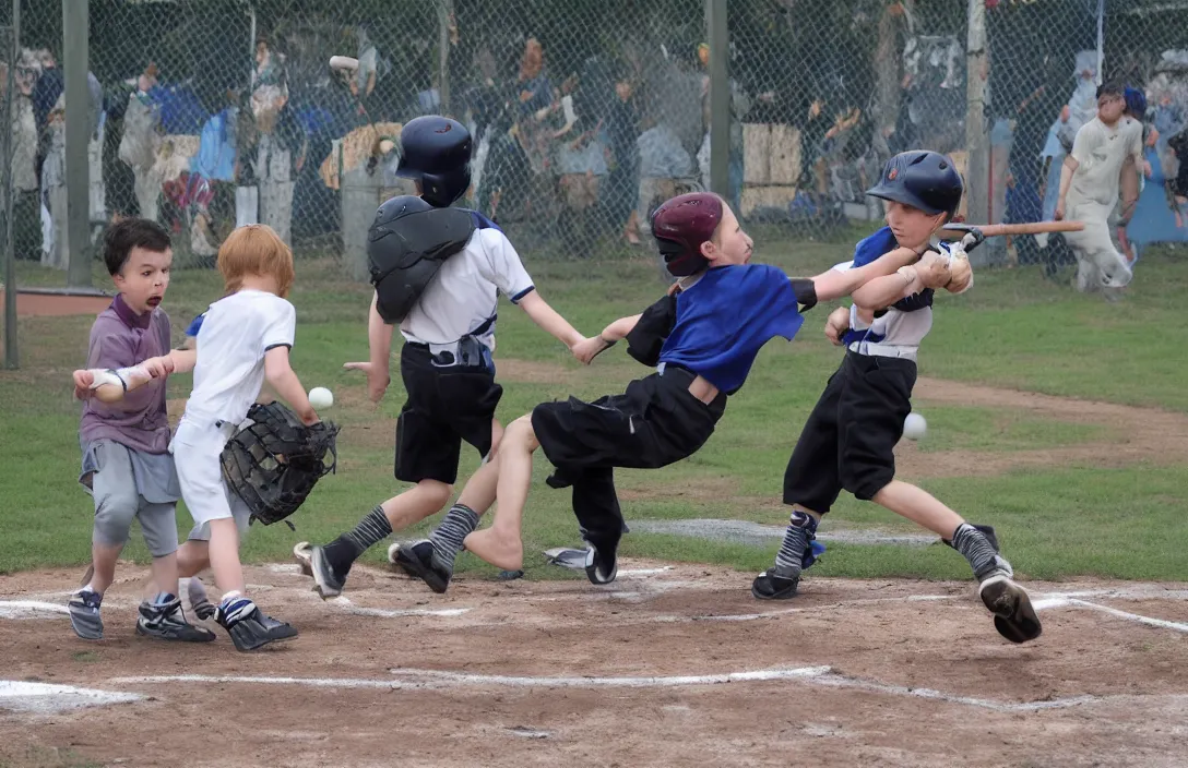 Image similar to jerma hitting a child with a baseball bat in a baseball field