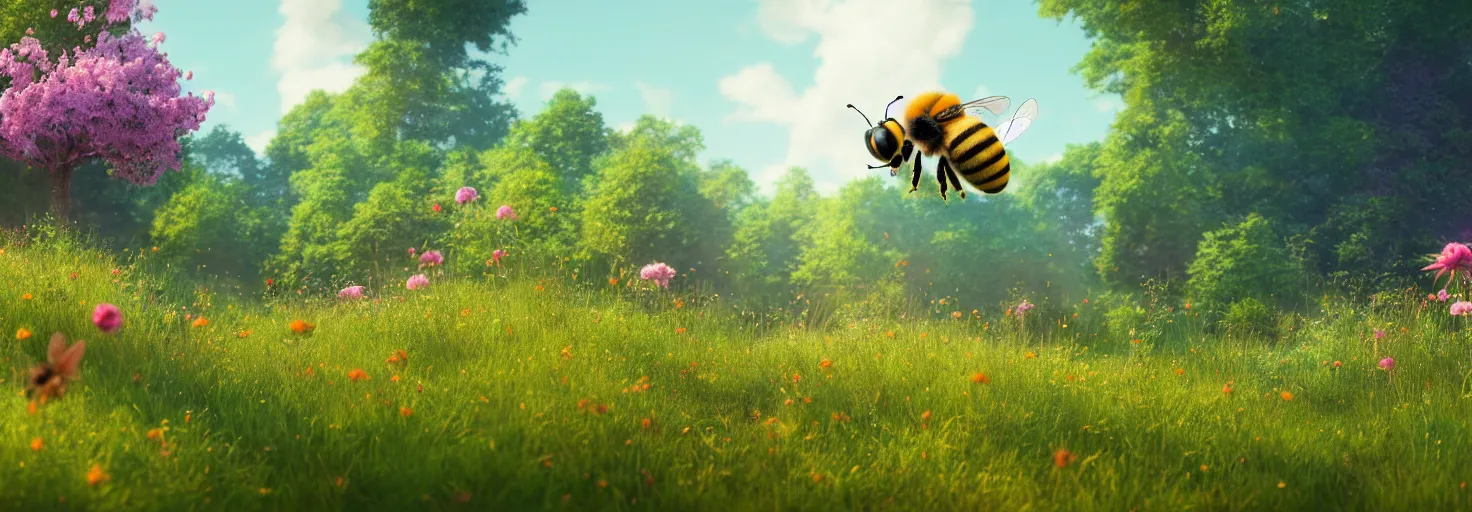 Image similar to large cute bee flying to crimson - black cute bee art school, in a beautiful forest meadow village landscape, flowers, happy trees, photorealistic, octane render, rtx, hdr, unreal engine, digital art widescreen 8 k, studio ghibli, disney, wlop