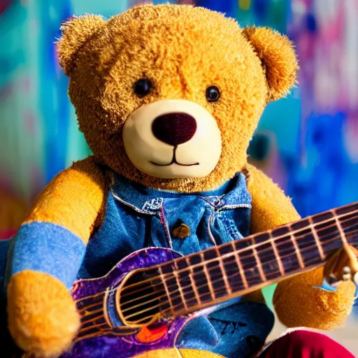 Image similar to a photograph of a teddybear, he is holding a guitar, vivid color, 50mm, depth of field