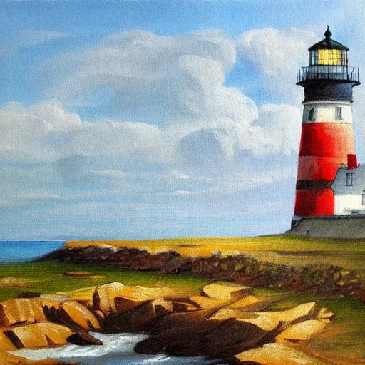 Prompt: painting of a coastal landscape with a lighthouse, by Aleksander Rostov