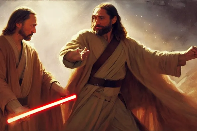 Image similar to putin and jesus christ fight with lightsabers from the star wars, fist fight, detailed faces, putin face, in battle by anders zorn, wonderful, masterpiece by greg rutkowski, beautiful cinematic light, by greg manchess, jessica rossier