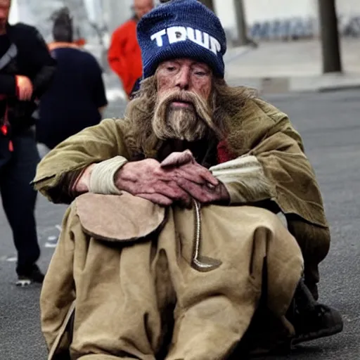 Image similar to donald trump dressed as a homeless man living in the slums