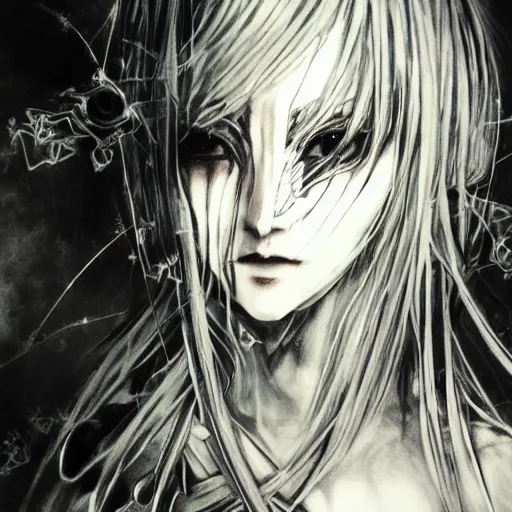 Image similar to yoshitaka amano blurred and dreamy illustration of an anime girl with pirate eye patch, wavy white hair and cracks on her face wearing elden ring armour with the cape fluttering in the wind, abstract black and white patterns on the background, noisy film grain effect, highly detailed, renaissance oil painting, weird portrait angle