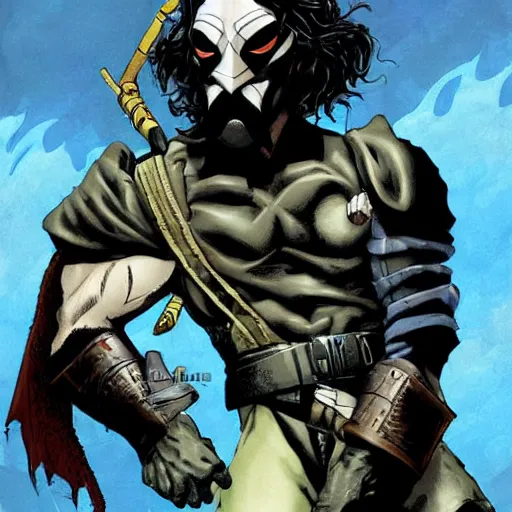 Prompt: precisely drawn illustration of Inigo Montoya blended with Bane from Batman, wide angle, sharp, fine details, French comic style, vibrant realistic colors, full color, heroic fantasy, intense line art, 8k, precise linework, realistic, in the style of Heavy Metal Comics and Richard Corben and Moebius