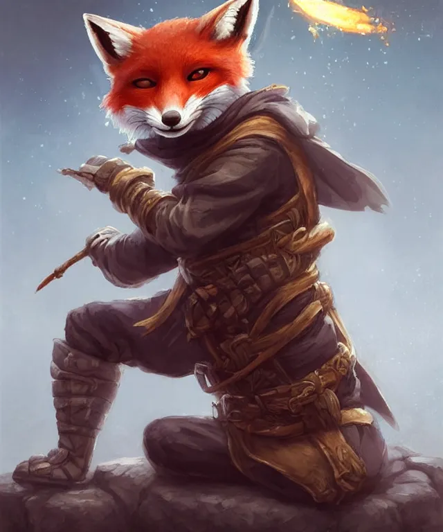 Image similar to a portrait of an anthropomorphic ninja fox praying, ninja outfit, sitting by a river, cute and adorable, dnd character art portrait, well rendered matte fantasy painting, deviantart artstation, by jason felix by steve argyle by tyler jacobson by peter mohrbacher, cinematic lighting