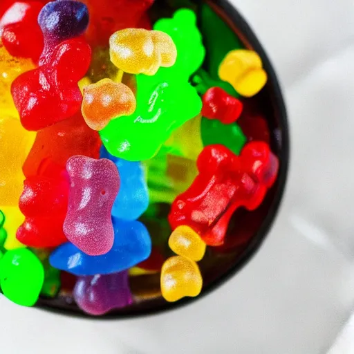 Prompt: macro image of a bowl full of gummy bears, realistic, glistening, slightly sprayed with water.