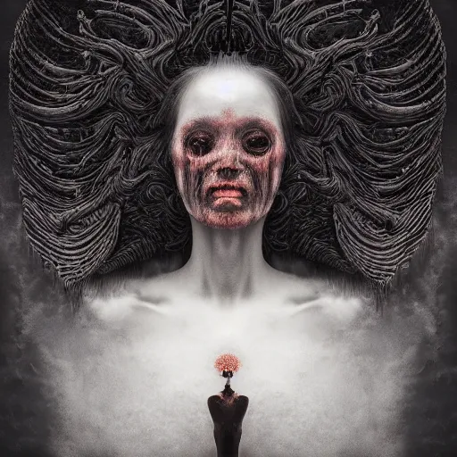 Prompt: dramatic matte portrait painting of woman with black mandelbrot fractal instead of face, in style of zdzisław beksinski, horror, body horror, dark, disturbing, extremely detailed,