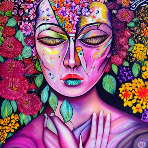 Image similar to a painting of a woman's face surrounded by flowers, a surrealist painting by alice mason, deviantart, psychedelic art, psychedelic, biomorphic, detailed painting