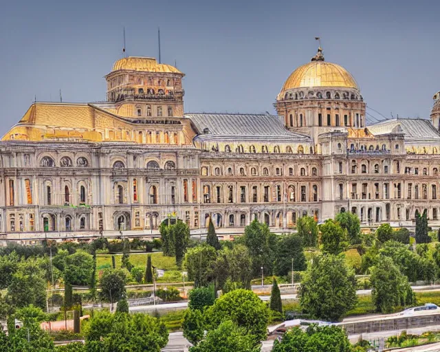 Image similar to 4 k hd, high resolution photograph of bucharest palace of parliament, full colour, shot with sigma f / 4. 2, 2 5 0 mm sharp lens, wide shot, high level texture render