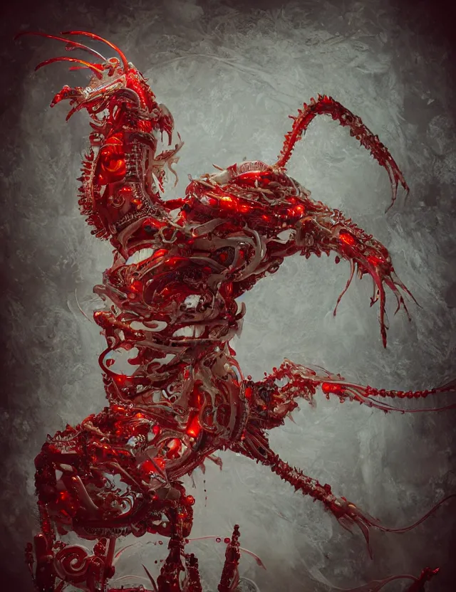 Image similar to legendary white dragon, red biomechanical details, wearing epic bionic cyborg implants, inflateble shapes, wires, tubes, red veins, jellyfish, masterpiece, intricate, biopunk, highly detailed, artstation, concept art, cottage core, cinematic focus, polaroid photo, bleached, vintage, high - key lighting, soft lights, foggy, by tarkovsky, 8 k