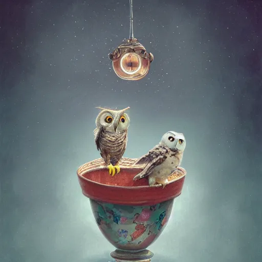 Prompt: long shot of a very cute owl chick sitting inside a very beautiful cup, by esao andrews, by james jean, marc simonetti, by victo ngai, humorous illustration, hyperrealistic, big depth of field, fresh colors, dim light, 3 d octane render conceptart, 4 k, hyperdetailed, trending on artstation