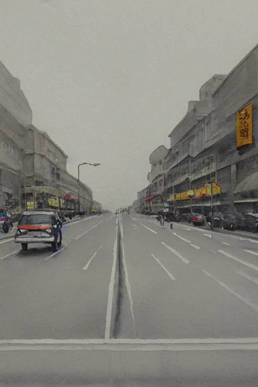 Image similar to A watercolor depicting an empty Huaihai Road gloomy weather, high contrast, smooth, by Joseph Zbikowicz, 8k