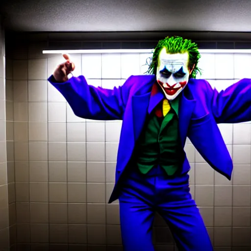 Prompt: the Joker doing a funny little dance in the public restrooms, fully body photo, realistic, blue lighting