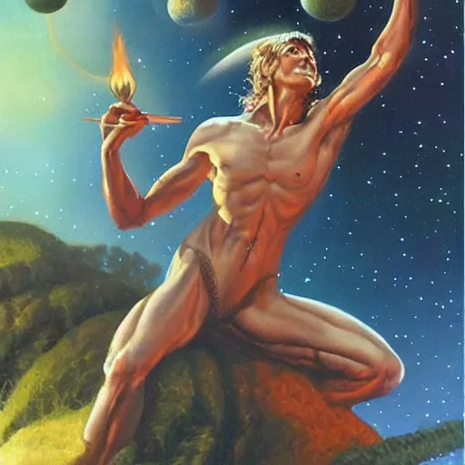 Prompt: 🌲🌌🔥🧙, Boris Vallejo