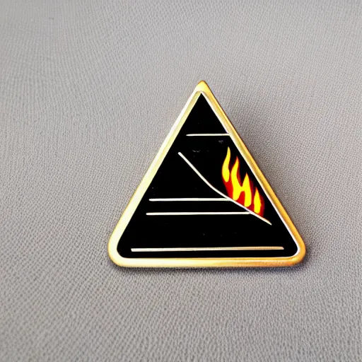 Image similar to a triangle enamel pin of a retro fire flames warning label, smooth curves