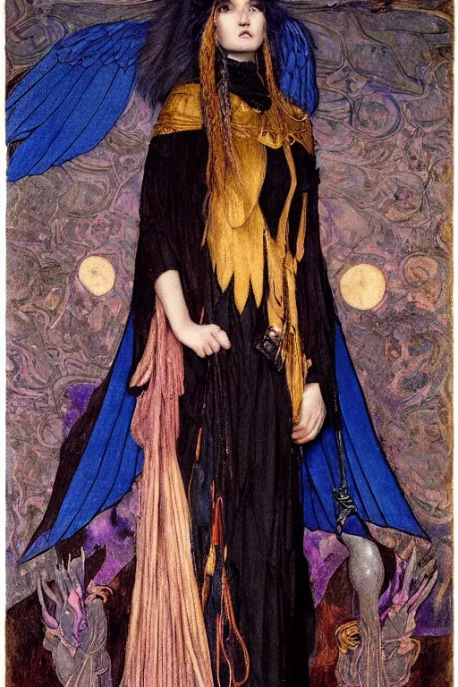 Image similar to a raven dressed as a goth shaman, by Annie Swynnerton and Nicholas Roerich and John Bauer and jean delville and John William Godward and Donato Giancola and Vermeer, black leather and embroidered velvet, iridescent beetles, rich color, dramatic cinematic lighting, featured on Artstation, extremely detailed