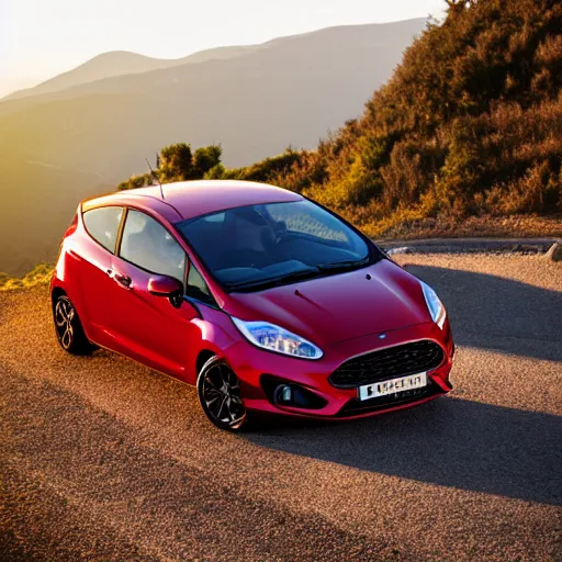 Image similar to red ford fiesta mk 5 zetec on a mountain road, spain, award winning photograph, golden hour