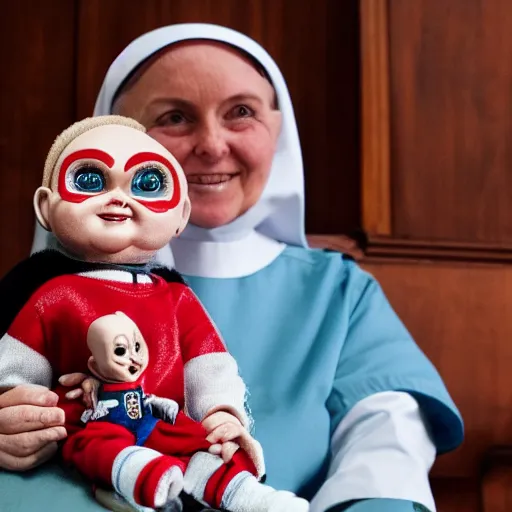 Image similar to a nun in church holding chucky the killer doll on her lap