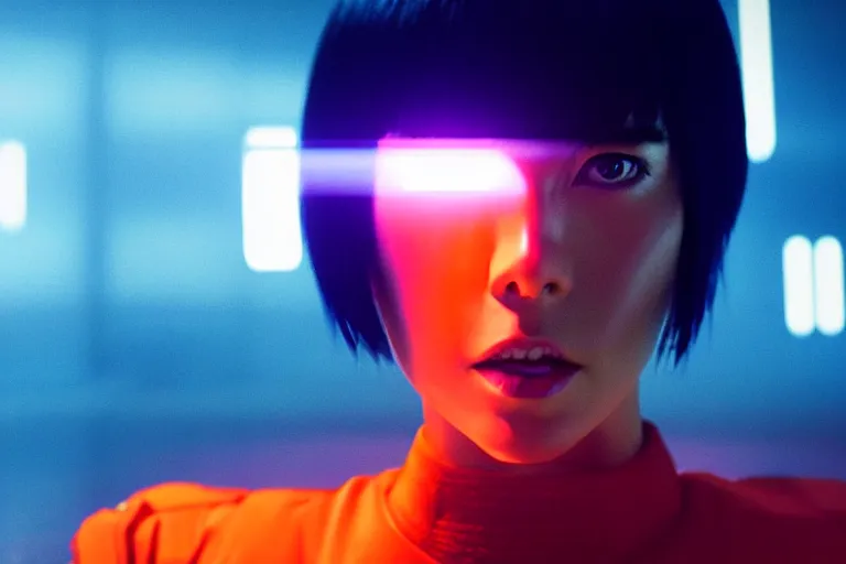 Image similar to major motoko wearing an orange prison jumpsuit, a large hologram of a screaming face dominates the background, photography by fred palacio medium full shot still from bladerunner 2 0 4 9, sci fi, bladerunner, canon eos r 3, f / 3, iso 2 0 0, 1 / 1 6 0 s, 8 k, raw, unedited