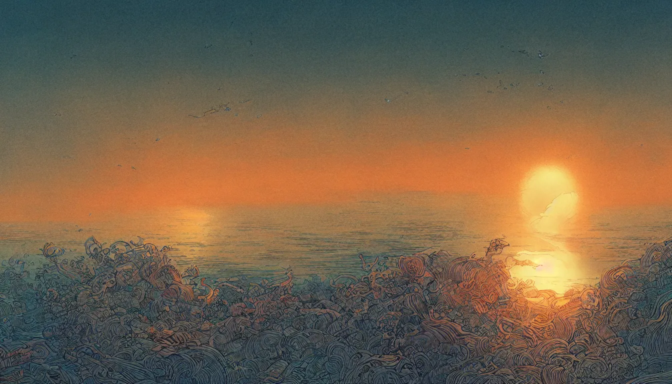 Prompt: sun setting over the horizon on a beach, chinese ink brush, yukio - e, kilian eng, victo ngai, josan gonzalez