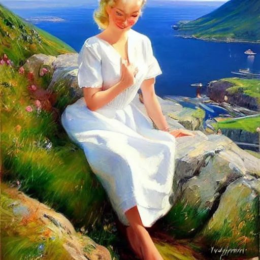 Image similar to 1950s beautiful!!! blonde looking over a Norwegian fjord, painting by !Vladimir Volegov!