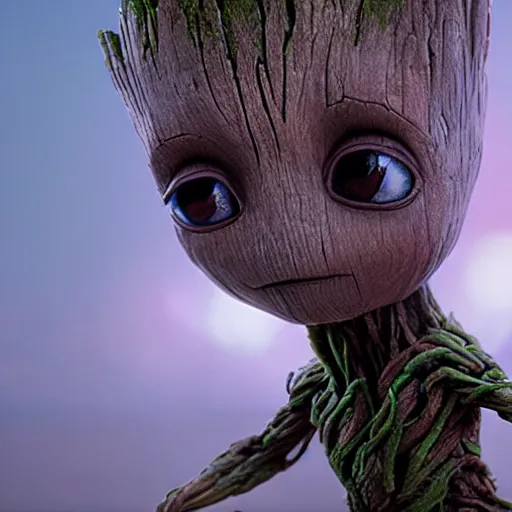 Image similar to photo realistic image of a baby groot giving baby yoga a piggyback ride, stunning 3 d render inspired art by istvan sandorfi and greg rutkowski, perfect facial symmetry, realistic, highly detailed attributes and atmosphere, dim volumetric cinematic lighting,