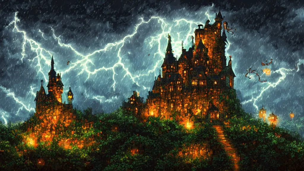 Prompt: ドット絵 and Pixel Art, Dark old fantasy castle on the hill, night cloudy sky, rain, lighting, thunder painting, Alchemy, Fantasy, 8 bit game, Pixel art background