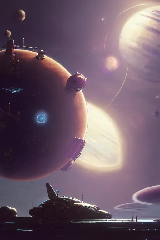 Image similar to steampunk spaceship infront of a planet, exquisite details, denoised, mid view, by karl kopinski, artsation, greg rutkowski, makoto shinkai, takashi takeuchi, studio ghibli