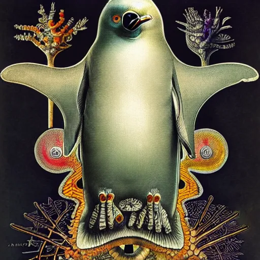 Prompt: cyborg penguin by ernst haeckel, masterpiece, vivid, very detailed