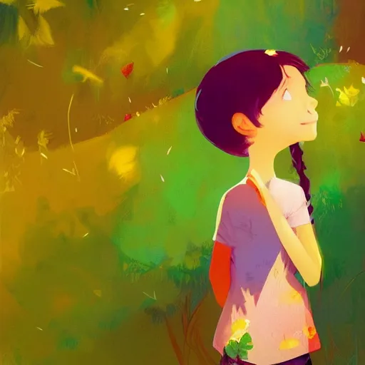 Prompt: little girl with leaf hair, colorful artwork made by pascal campion