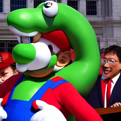 Image similar to nintendo yoshi inhales donald trump