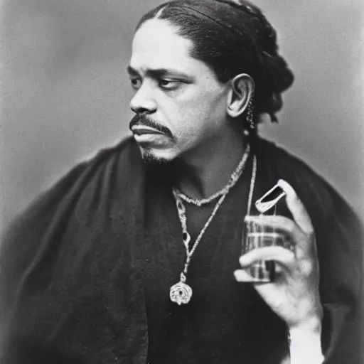 Image similar to ice - t, iced tea with a straw, by julia margaret cameron 1 8 8 0 s, realistic, body shot, sharp focus, 8 k high definition, insanely detailed, intricate, elegant