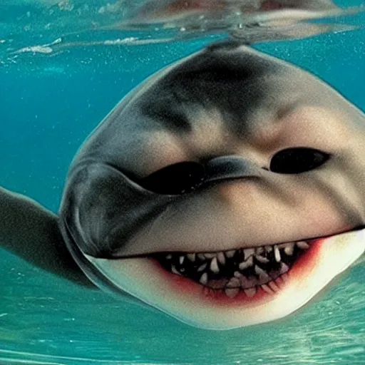 Prompt: fat cat head underwater like in jaws poster,