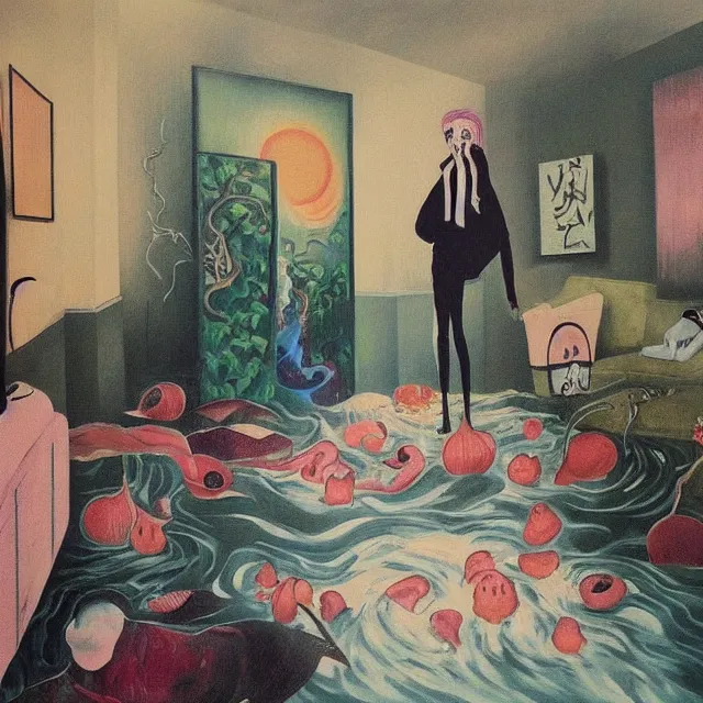 Image similar to tall emo artist in her flooded apartment, painting of flood waters inside an artist's home, a river flooding indoors, pomegranates, pigs, ikebana, zen, water, octopus, river, rapids, waterfall, black swans, canoe, berries, acrylic on canvas, surrealist, by magritte and monet