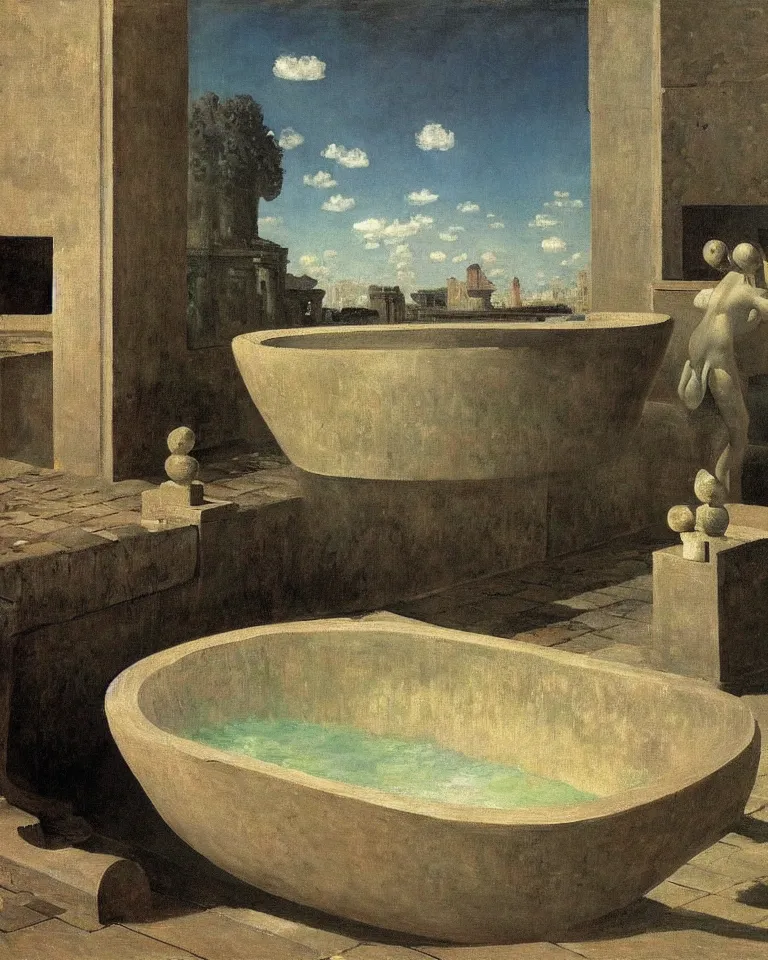 Image similar to achingly beautiful painting of an ancient roman bathtub by rene magritte, monet, and turner. piranesi.