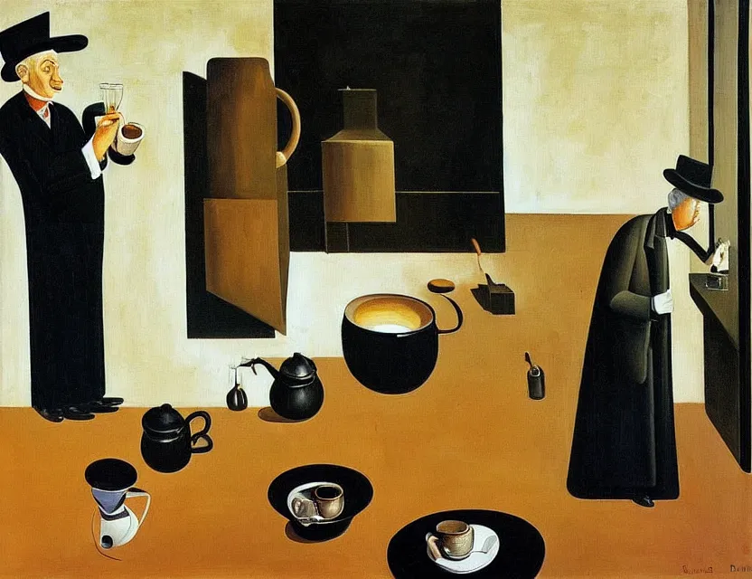 Image similar to a painting of a old and strange dusty professor in black suite and hat making a study of drinking 1 0 cups of black coffee in 5 seconds in a kitchen that is melting, styled and painted by giorgio de chirico