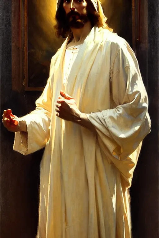 Image similar to leyendecker and solomon joseph solomon and richard schmid and jeremy lipking victorian loose genre loose painting full length portrait painting of jesus