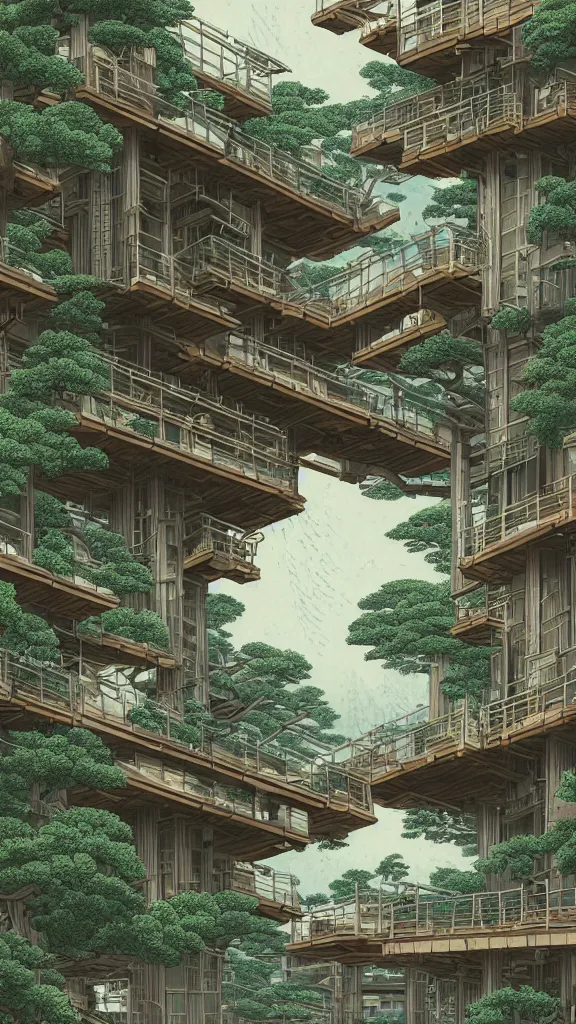 Prompt: photo in style of hokusai and piranesi. biopunk solarpunk timber futuristic building in a urban setting. ultrarealistic. rainy. mossy buildings have deep tall balconies with plants, trees, and many people. populated with many people. thin random columns, large windows, deep overhangs. greeble. 8 k, volumetric lighting.