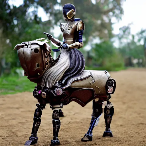 Image similar to a robot girl riding a mechanical horse