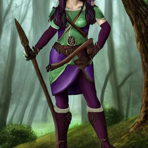 Image similar to athena as a medieval fantasy wood elf, dark purplish hair tucked behind ears, wearing a green tunic with a fur lined collar and brown leather armor, wide, muscular build, scar across nose, one black, scaled arm, cinematic, character art, digital art, forest background, realistic. 8 k,