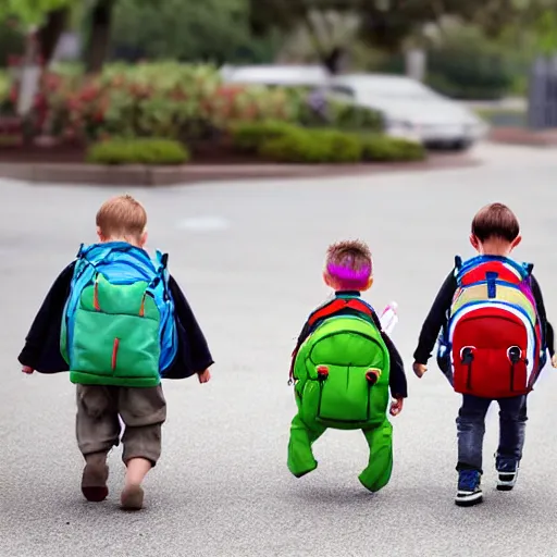 Prompt: A photograph of dinosaurs with backpacks walking to kindergarten, digital art, characters