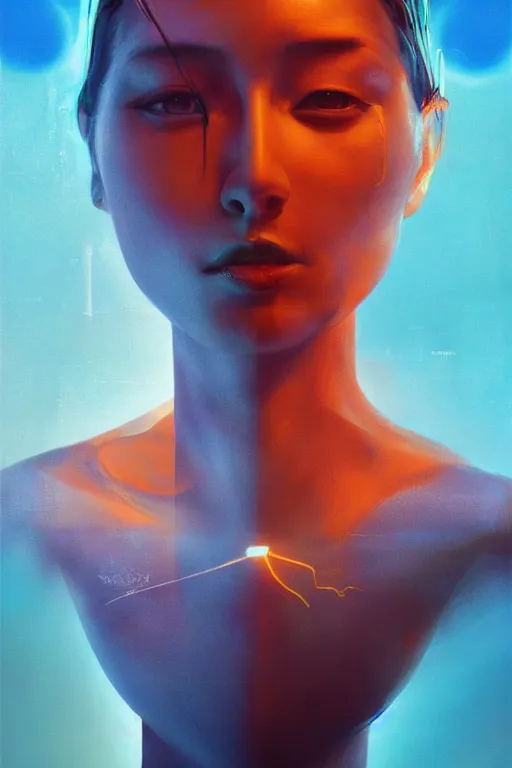 Prompt: 3 d, sci - fi, morning, sleepy fashion model face, sun, neon, cinematic, lightning clouds, vogue cover style, poster art, light orange and deep blue mood, realistic painting, intricate oil painting, high detail, figurative art, multiple exposure, poster art, 3 d, by tooth wu and wlop and beeple and greg rutkowski