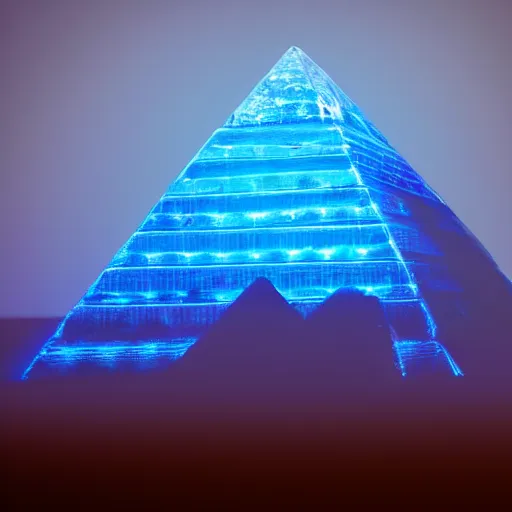 Prompt: big pyramid with blue glow lights and fog in background, cinematic looking, drama, scary