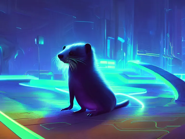 Image similar to a bioluminescent ferret, in a cyberpunk park, 8 k, digital painting, stylized, electric blue gradient, warm color scheme, dynamic lighting, octane, trending on artstation