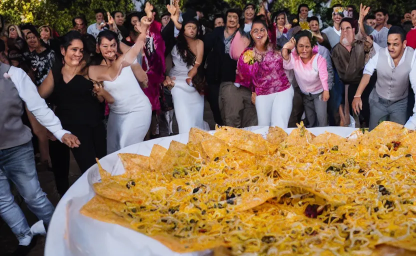 Prompt: a crowd of mexicans dancing around giant Nachos in a wedding,