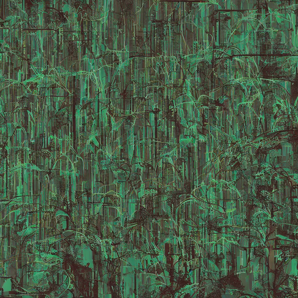 Prompt: abstract cyberpunk forest pattern. circuits and wires and roots. by heade and rutkowski.