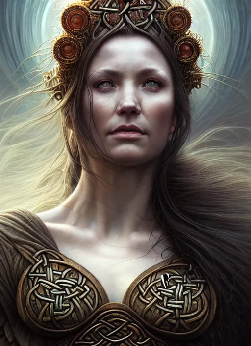 Prompt: closeup portrait shot of a celtic woman in a scenic dystopian environment, intricate, elegant, highly detailed, centered, digital painting, artstation, concept art, smooth, sharp focus, illustration, artgerm, tomasz alen kopera, peter mohrbacher, donato giancola, joseph christian leyendecker, wlop, boris vallejo