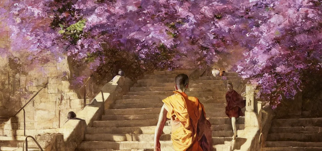 Image similar to A monk walks up stairs lined with cherry blossom trees and jacaranda trees, golden hour, by Craig Mullins, arstation, concept art