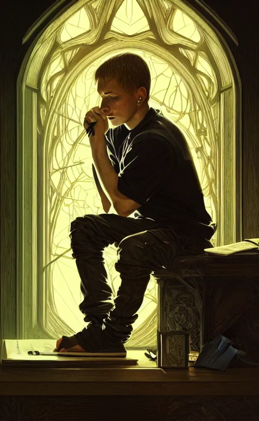 Image similar to portrait of eminem writing in the dark, deep focus, d & d, fantasy, intricate, elegant, highly detailed, digital painting, artstation, concept art, matte, sharp focus, illustration, art by artgerm and greg rutkowski and alphonse mucha