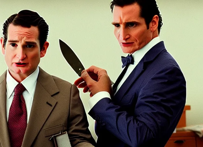 Image similar to film still of ted cruz as patrick bateman wearing a bloody poncho holding a knife in american psycho